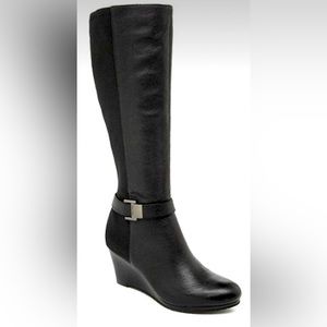 Calvin Klein Boots Size 7 EUC Black Wedge Heel Silver Buckle Knee High